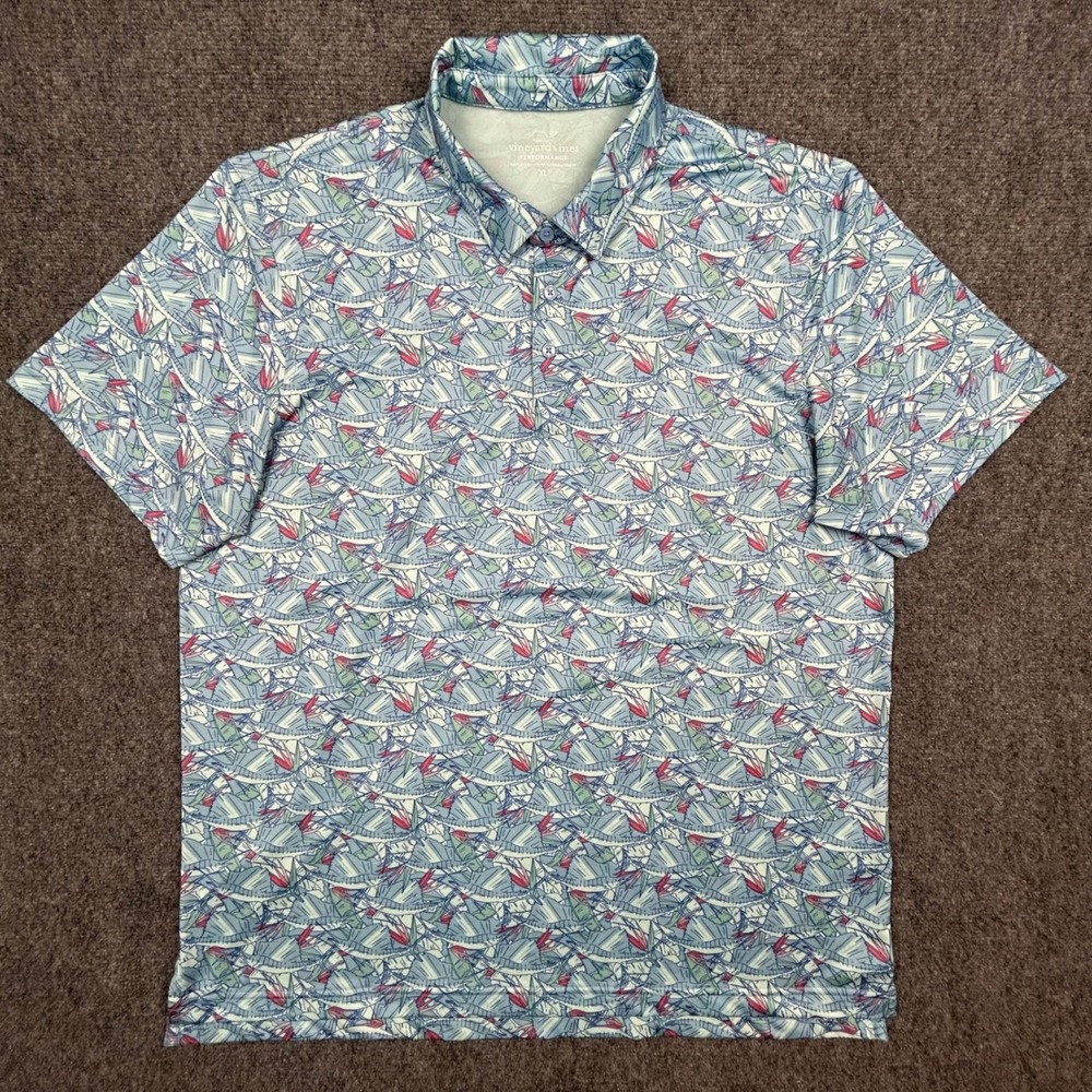 Vineyard Vines Polo Mens XL Blue Sailfish Print Performance Stretch Short Sleeve